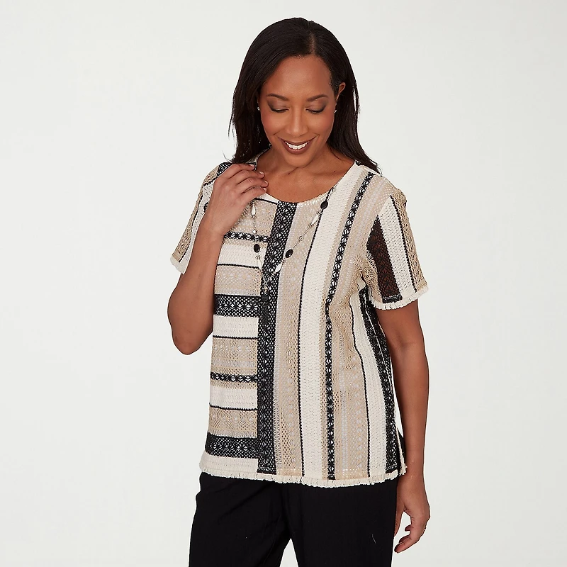 Alfred Dunner Detail Driven Womens Crew Neck 3/4 Sleeve T-Shirt