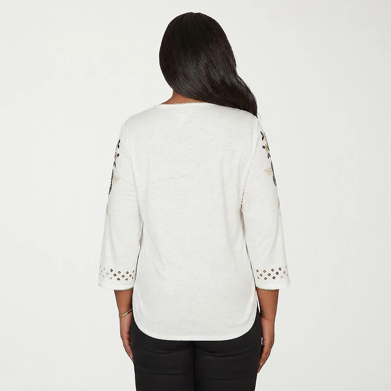 Alfred Dunner Detail Driven Womens Crew Neck 3/4 Sleeve T-Shirt