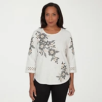 Alfred Dunner Detail Driven Womens Crew Neck 3/4 Sleeve T-Shirt