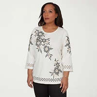 Alfred Dunner Detail Driven Womens Crew Neck 3/4 Sleeve T-Shirt