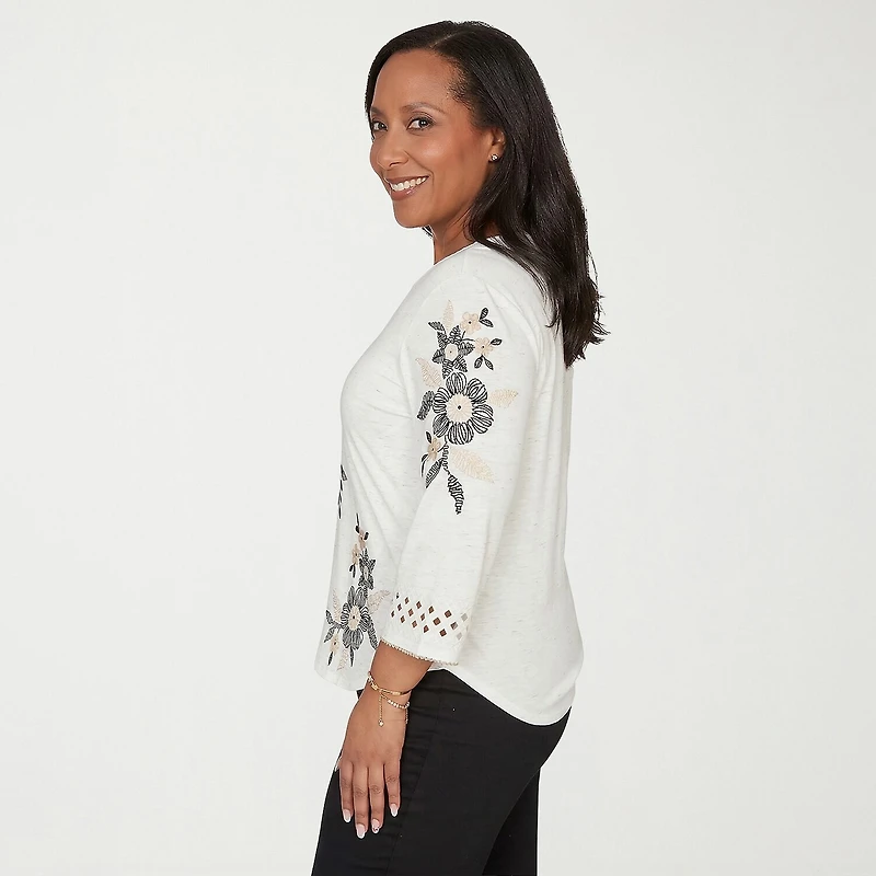 Alfred Dunner Detail Driven Womens Crew Neck 3/4 Sleeve T-Shirt