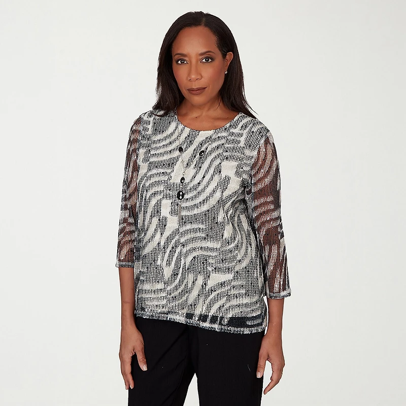 Alfred Dunner Detail Driven Womens Crew Neck 3/4 Sleeve T-Shirt