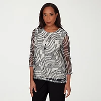 Alfred Dunner Detail Driven Womens Crew Neck 3/4 Sleeve T-Shirt