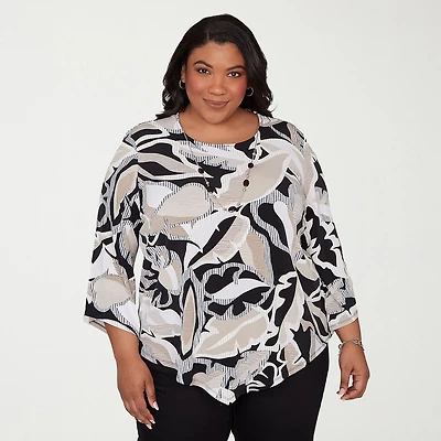 Alfred Dunner Detail Driven Womens Plus Crew Neck 3/4 Sleeve T-Shirt