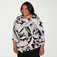 Alfred Dunner Detail Driven Womens Plus Crew Neck 3/4 Sleeve T-Shirt