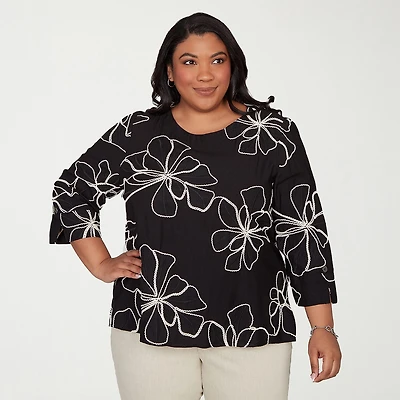 Alfred Dunner Detail Driven Womens Plus Crew Neck 3/4 Sleeve Blouse