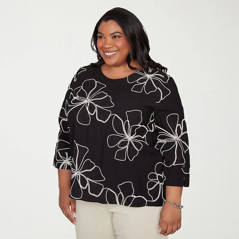 Alfred Dunner Detail Driven Womens Plus Crew Neck 3/4 Sleeve Blouse