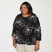 Alfred Dunner Detail Driven Womens Plus Crew Neck 3/4 Sleeve Blouse