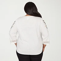 Alfred Dunner Detail Driven Womens Plus Crew Neck 3/4 Sleeve T-Shirt