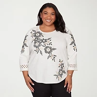 Alfred Dunner Detail Driven Womens Plus Crew Neck 3/4 Sleeve T-Shirt