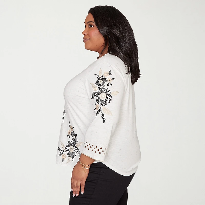 Alfred Dunner Detail Driven Womens Plus Crew Neck 3/4 Sleeve T-Shirt