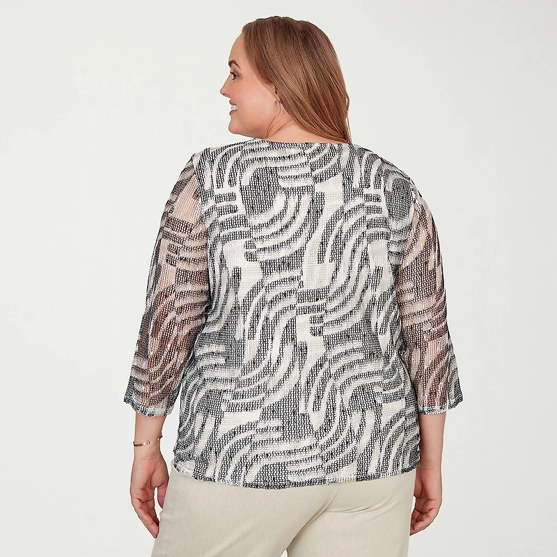 Alfred Dunner Detail Driven Womens Plus Crew Neck 3/4 Sleeve T-Shirt