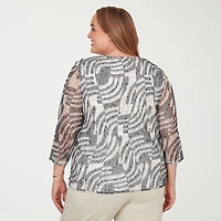 Alfred Dunner Detail Driven Womens Plus Crew Neck 3/4 Sleeve T-Shirt