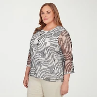 Alfred Dunner Detail Driven Womens Plus Crew Neck 3/4 Sleeve T-Shirt
