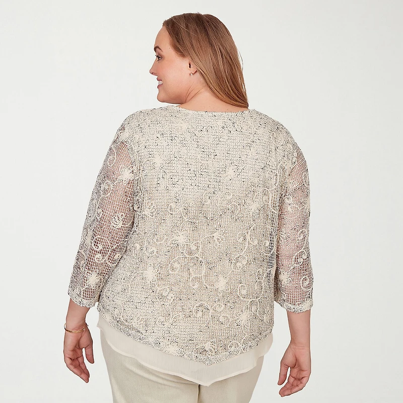 Alfred Dunner Detail Driven Womens Plus Crew Neck 3/4 Sleeve Layered Top