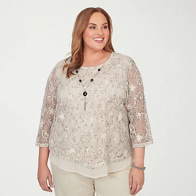 Alfred Dunner Detail Driven Womens Plus Crew Neck 3/4 Sleeve Layered Top