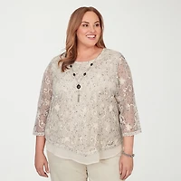 Alfred Dunner Detail Driven Womens Plus Crew Neck 3/4 Sleeve Layered Top