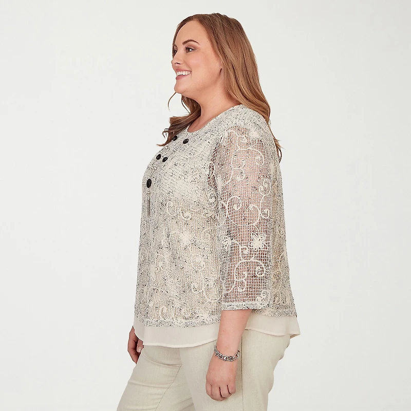 Alfred Dunner Detail Driven Womens Plus Crew Neck 3/4 Sleeve Layered Top