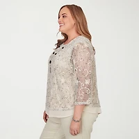 Alfred Dunner Detail Driven Womens Plus Crew Neck 3/4 Sleeve Layered Top