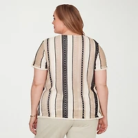 Alfred Dunner Detail Driven Womens Plus Crew Neck 3/4 Sleeve T-Shirt