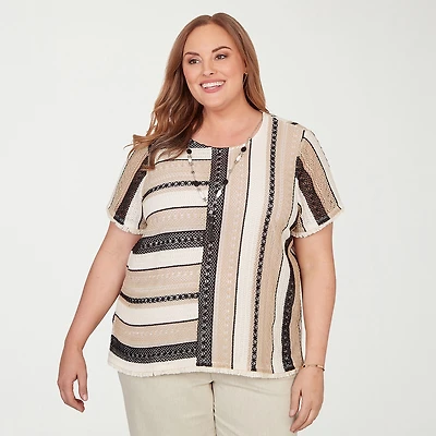 Alfred Dunner Detail Driven Womens Plus Crew Neck 3/4 Sleeve T-Shirt