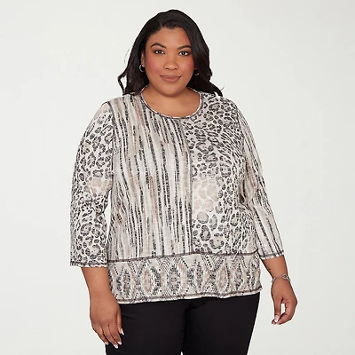 Alfred Dunner Detail Driven Womens Plus Crew Neck 3/4 Sleeve T-Shirt