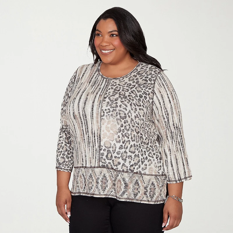 Alfred Dunner Detail Driven Womens Plus Crew Neck 3/4 Sleeve T-Shirt