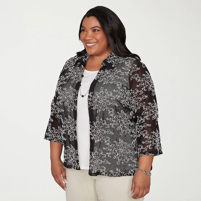 Alfred Dunner Detail Driven Womens Plus Roll 3/4 Sleeve Classic Fit Button-Down Shirt