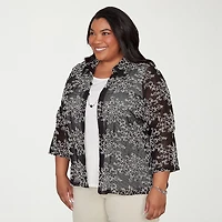 Alfred Dunner Detail Driven Womens Plus Roll 3/4 Sleeve Classic Fit Button-Down Shirt