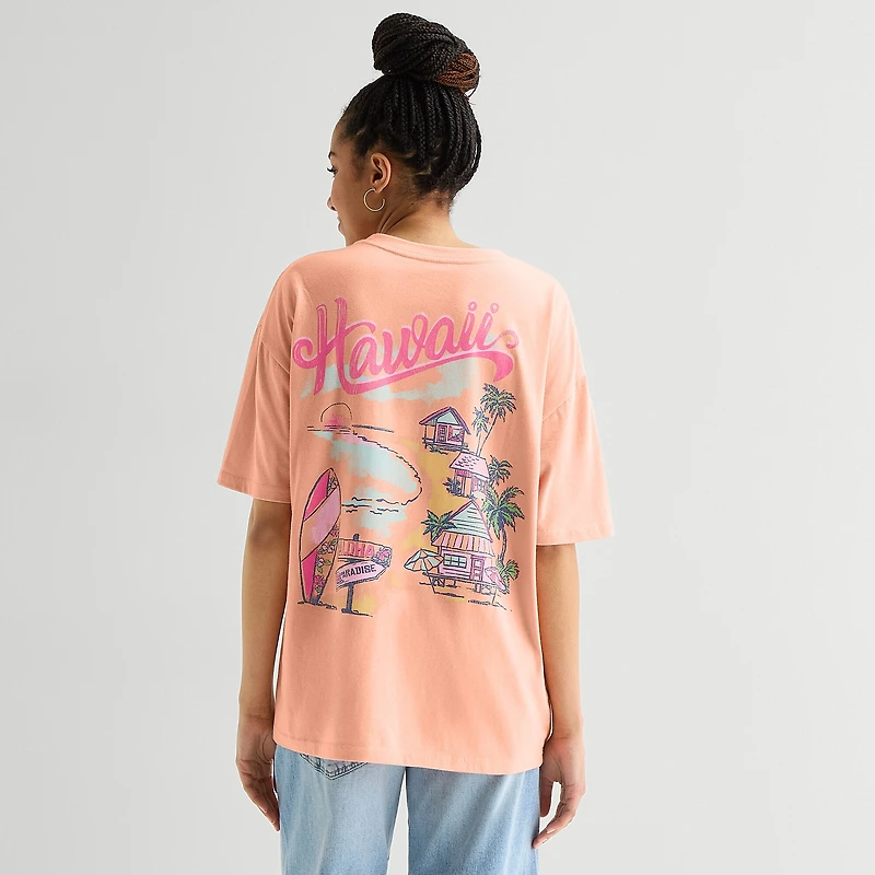New World Hawaii Womens Juniors Crew Neck Short Sleeve Oversized Graphic T-Shirt