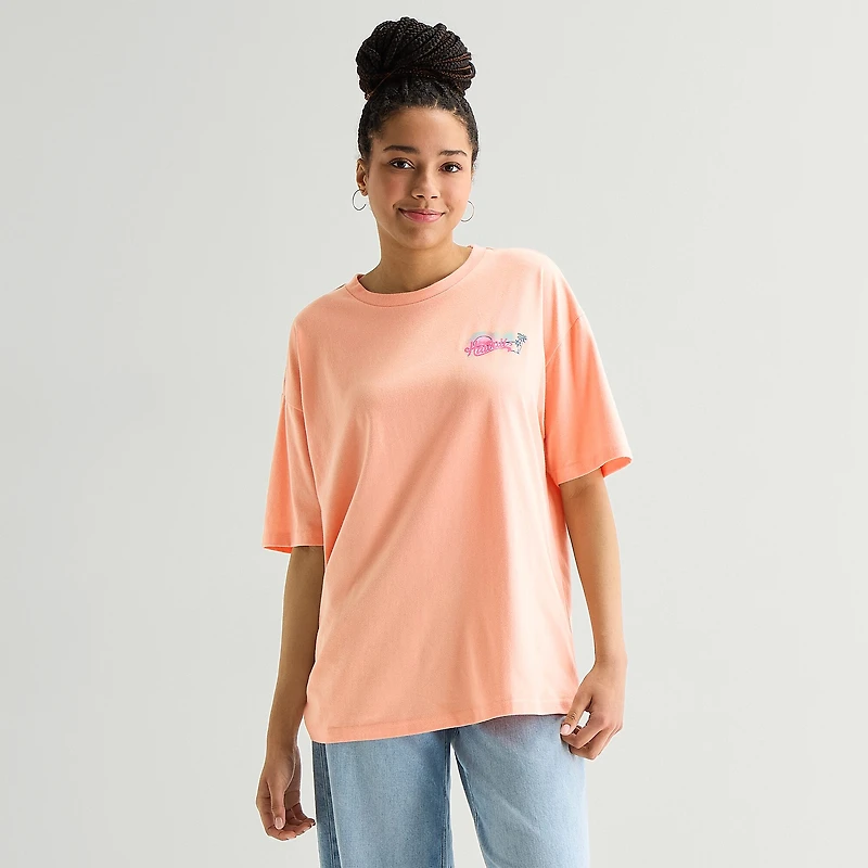 New World Hawaii Womens Juniors Crew Neck Short Sleeve Oversized Graphic T-Shirt