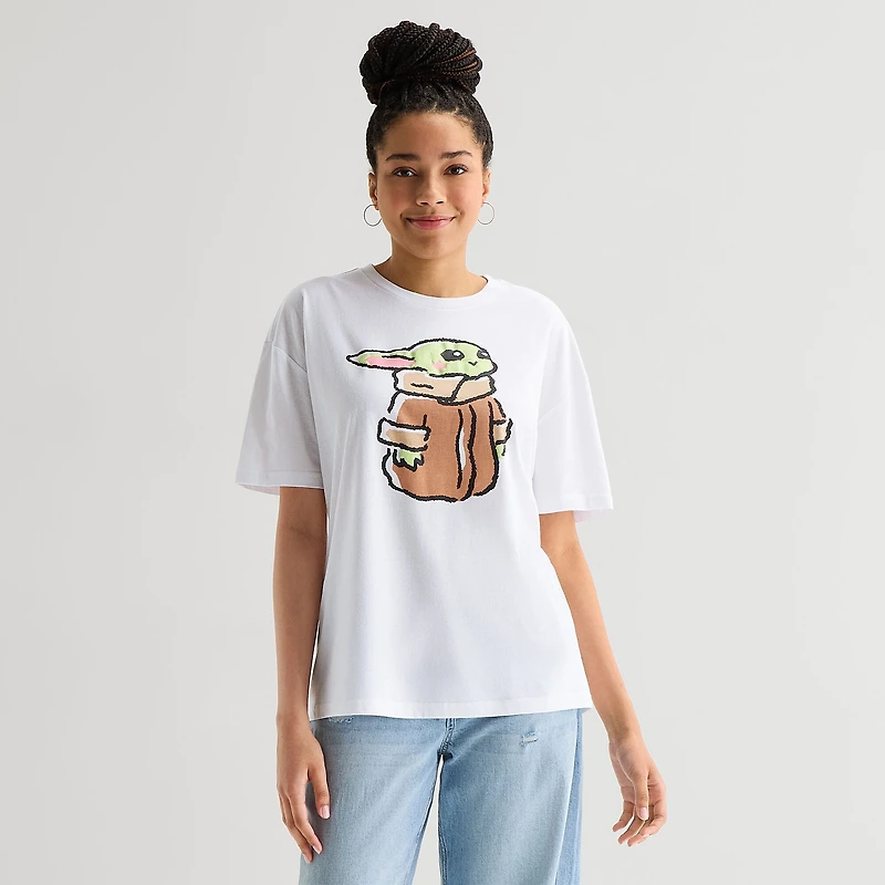 Grogu Womens Juniors Crew Neck Short Sleeve Oversized Star Wars Graphic T-Shirt