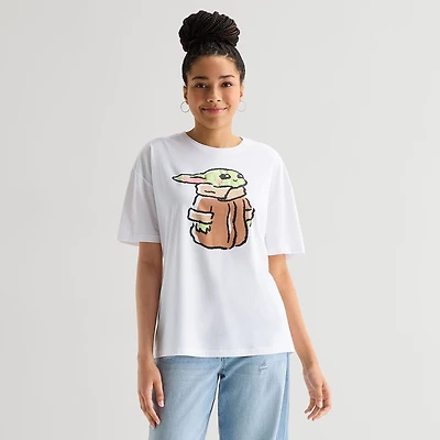 Grogu Womens Juniors Crew Neck Short Sleeve Oversized Star Wars Graphic T-Shirt
