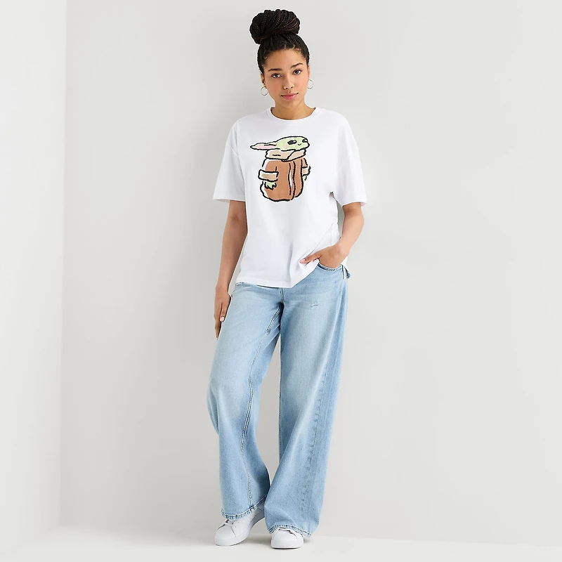 Grogu Womens Juniors Crew Neck Short Sleeve Oversized Star Wars Graphic T-Shirt