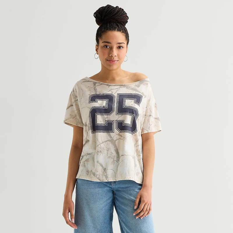 Arizona Womens Juniors Asymmetrical Neck Short Sleeve Regular Fit Graphic T-Shirt