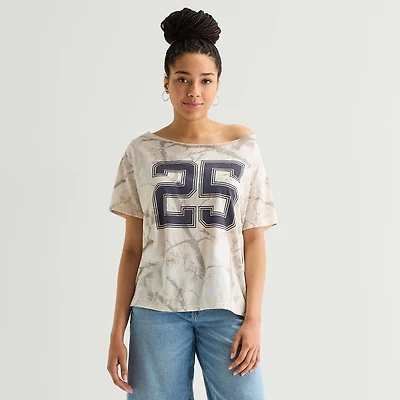 Arizona Womens Juniors Asymmetrical Neck Short Sleeve Regular Fit Graphic T-Shirt