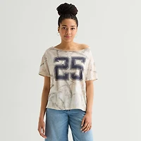 Arizona Womens Juniors Asymmetrical Neck Short Sleeve Regular Fit Graphic T-Shirt