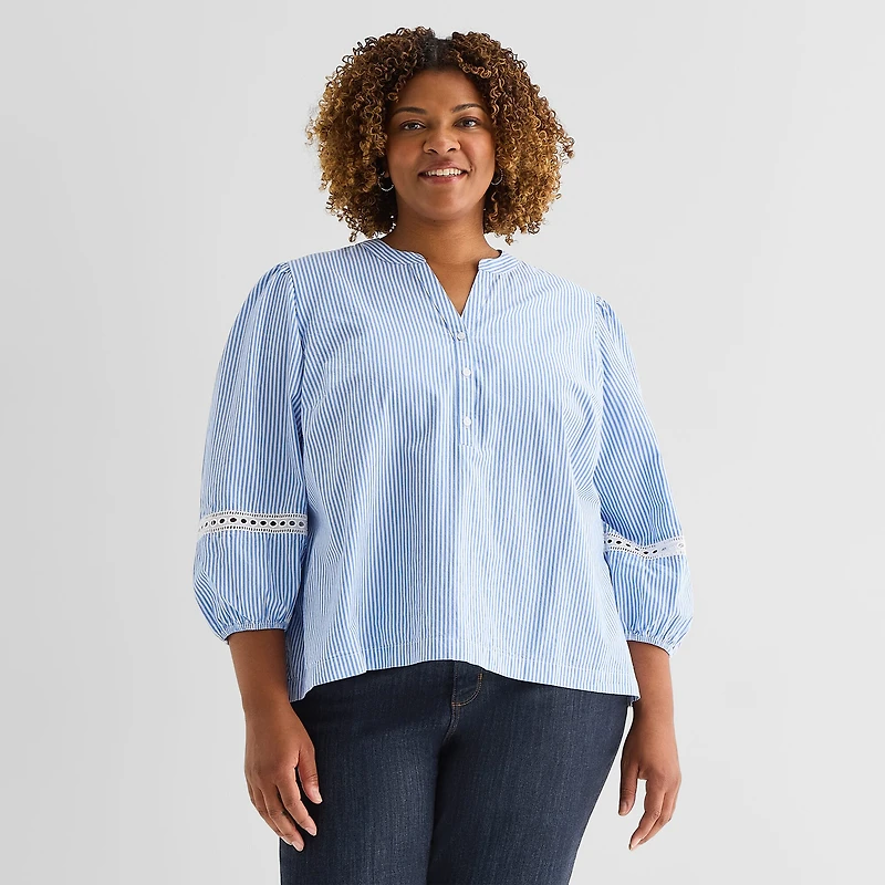 St. John's Bay Womens Plus Henley Neck 3/4 Sleeve Blouse