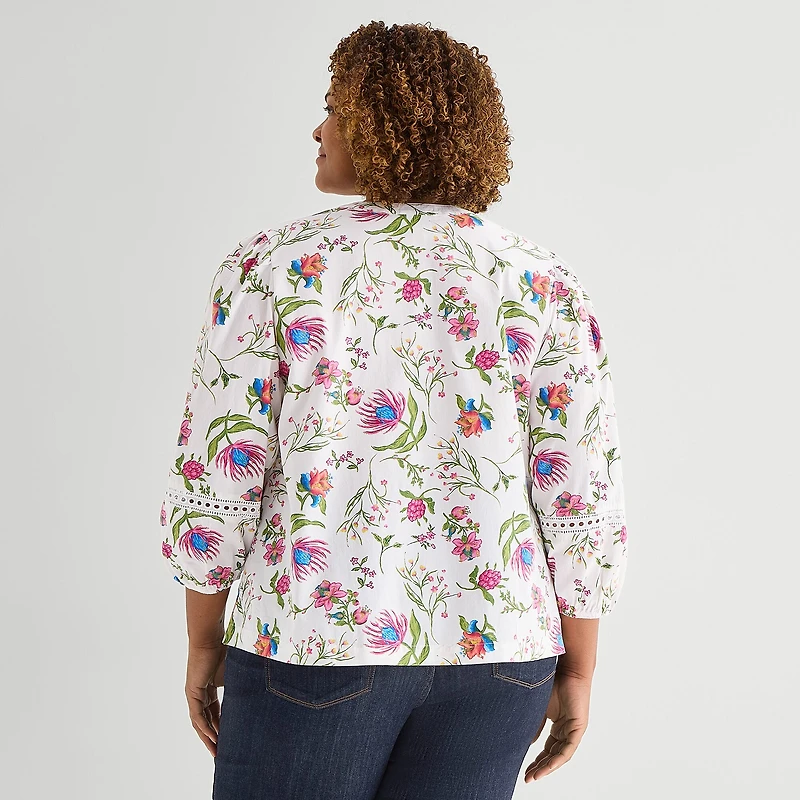 St. John's Bay Womens Plus Henley Neck 3/4 Sleeve Blouse
