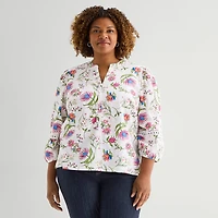 St. John's Bay Womens Plus Henley Neck 3/4 Sleeve Blouse