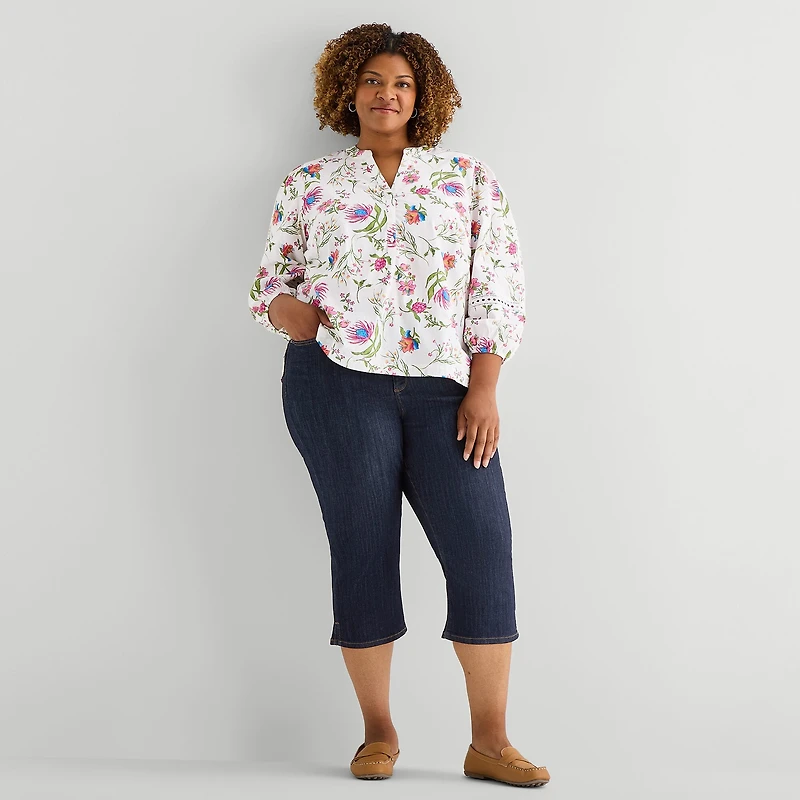St. John's Bay Womens Plus Henley Neck 3/4 Sleeve Blouse