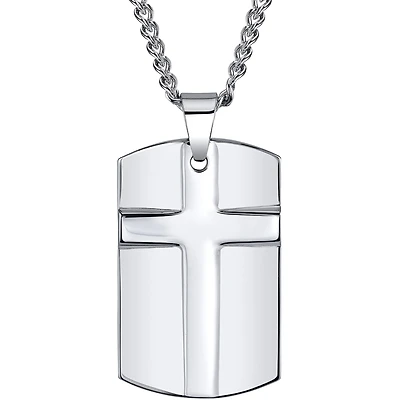 Mens Tungsten Dog Tag Cross Pendant Necklace