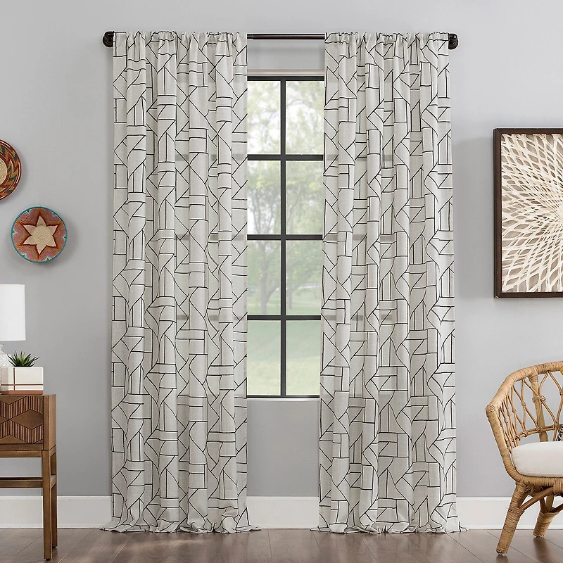Archaeo Jigsaw Embroidery Linen Blend Rod Pocket Sheer Single Curtain Panel