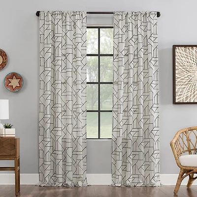 Archaeo Jigsaw Embroidery Linen Blend Rod Pocket Sheer Single Curtain Panel