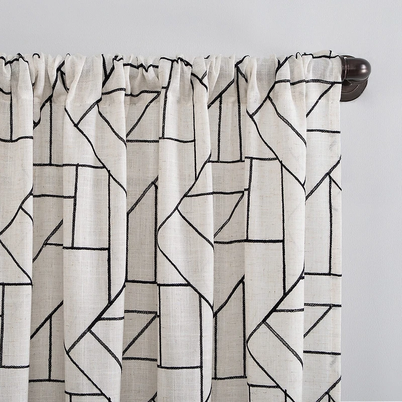 Archaeo Jigsaw Embroidery Linen Blend Rod Pocket Sheer Single Curtain Panel