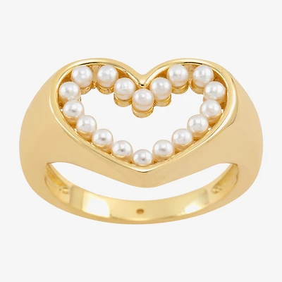Sparkle Allure Open Womens White Simulated Pearl 14K Gold Over Brass Heart Signet Ring