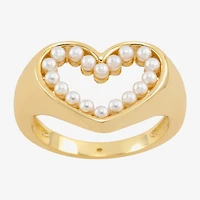 Sparkle Allure Open Womens White Simulated Pearl 14K Gold Over Brass Heart Signet Ring
