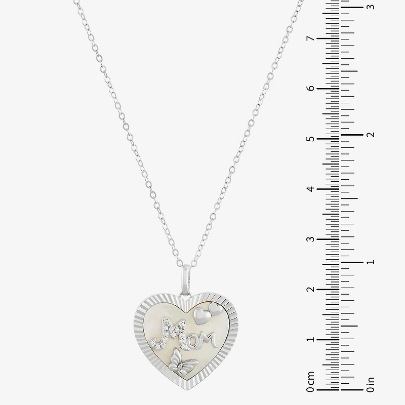 "Mom" Womens White Mother Of Pearl Sterling Silver Heart 18 Inch Pendant Necklace