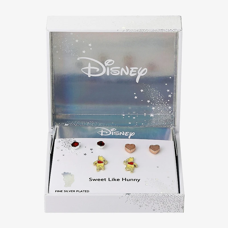 Disney Classics Womens Red Crystal 10K Tri-Color Gold Over Brass Heart Winnie The Pooh 3 Pair Earring Set