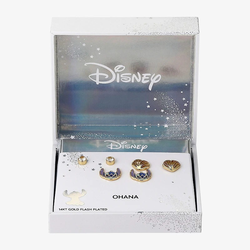 Disney Classics Seashell Womens Cubic Zirconia 10K Gold Over Brass Lilo & Stitch 3 Pair Earring Set